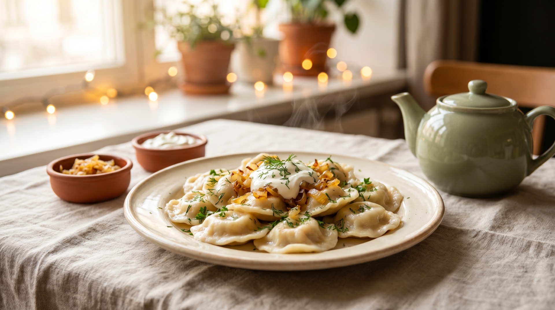 Dampfende handgemachte Pierogi mit Schmand und gebratenen Zwiebeln auf rustikalem Keramikteller