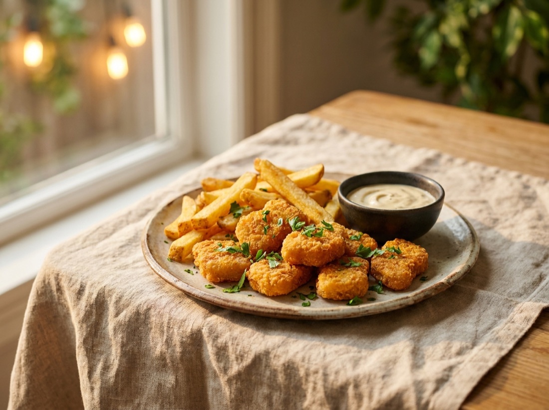 Goldbraune Chicken Nuggets mit knusprigen Pommes und Dip auf rustikalem Teller