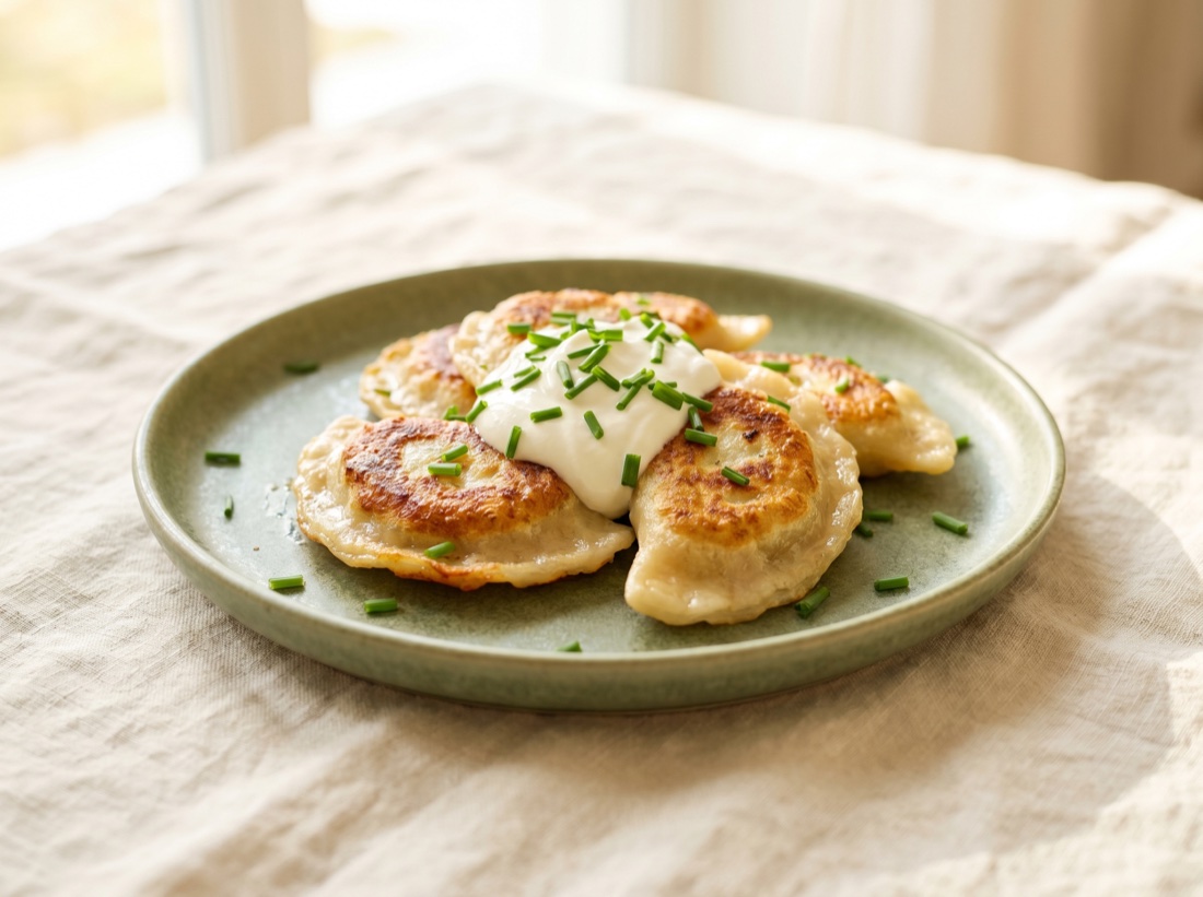Pierogi Ruskie mit Kartoffel-Quark-Füllung, Schmand und Schnittlauch