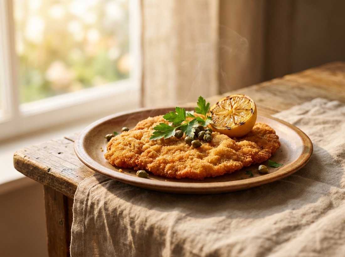Goldbraunes Schnitzel Wiener Art mit Zitrone und Petersilie auf rustikalem Teller